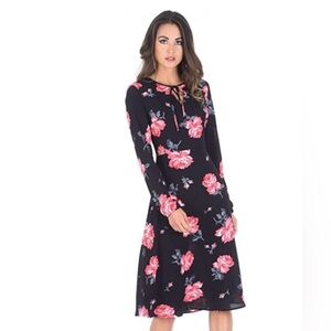 Black Pink Floral Midi Dress